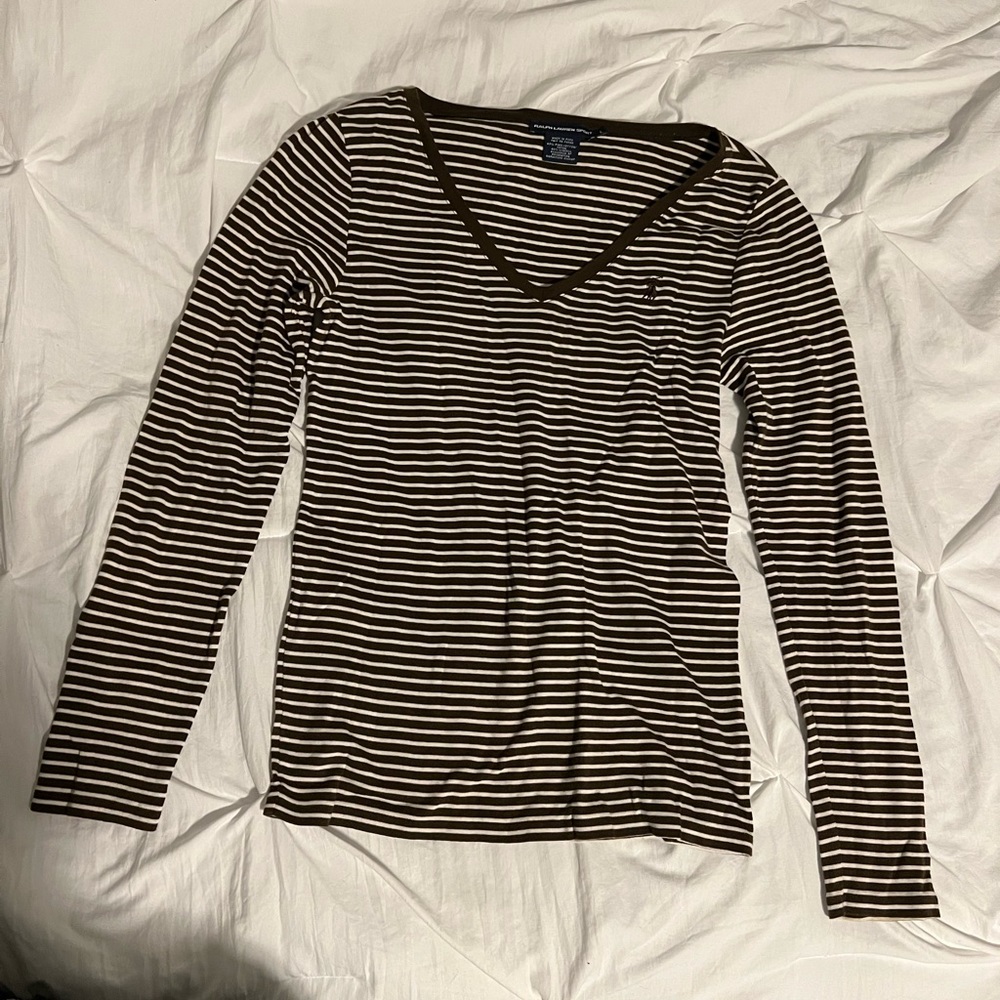ralph lauren sport brown and white striped long sleeve